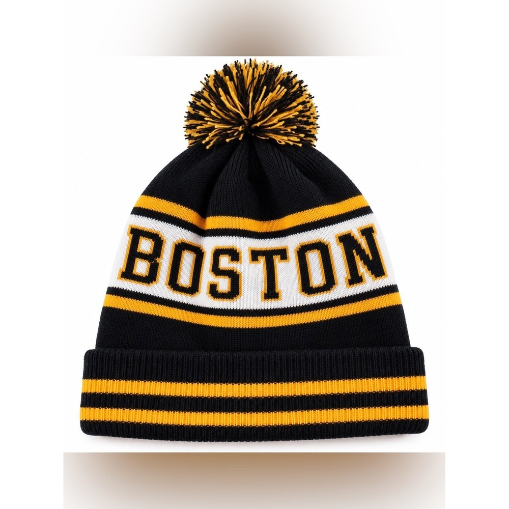 Boston Bruins NHL Hockey Pom Pom Knit Beanie Black Gold Unisex